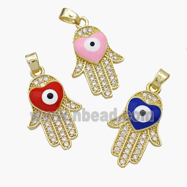 Copper Hamsahand Pendant Pave Zirconia Evil Eye Enamel Gold Plated Mixed