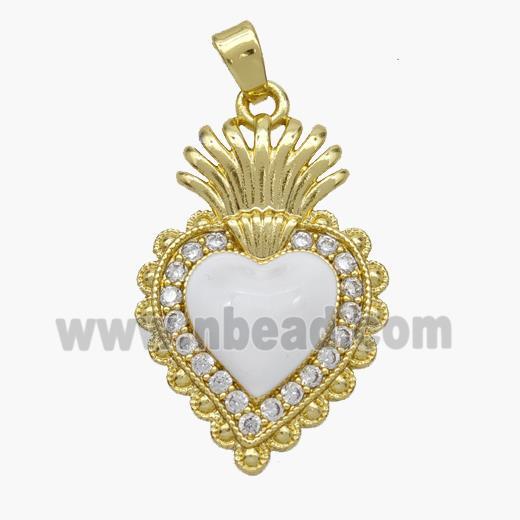 Copper Heart Pendant Pave Zirconia White Enamel Gold Plated