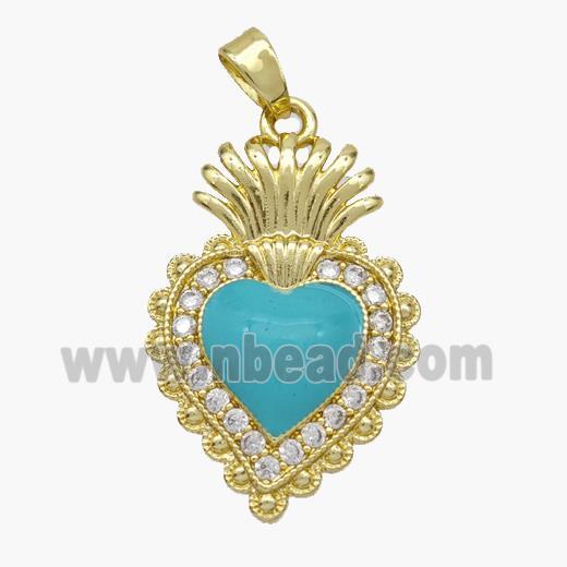 Copper Heart Pendant Pave Zirconia Teal Enamel Gold Plated