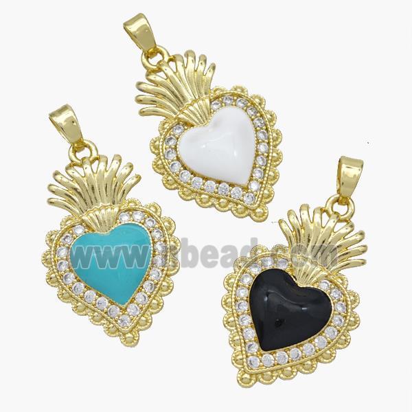 Copper Heart Pendant Pave Zirconia Enamel Gold Plated Mixed