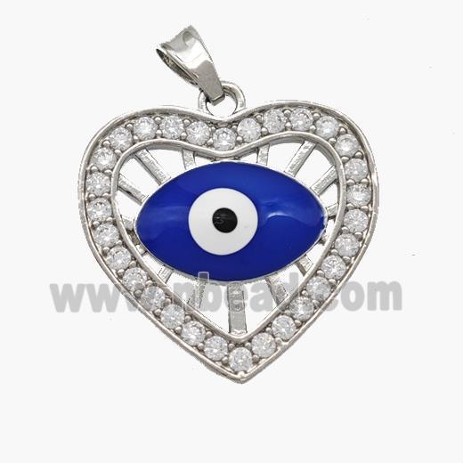 Copper Heart Pendant Pave Zirconia Evil Eye Blue Enamel Platinum Plated