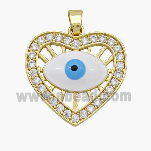 Copper Heart Pendant Pave Zirconia Evil Eye White Enamel Gold Plated