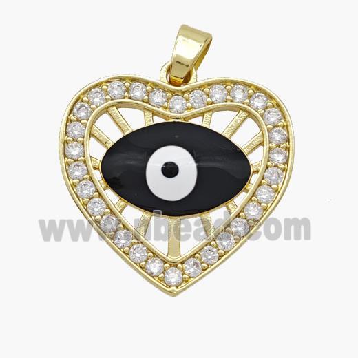 Copper Heart Pendant Pave Zirconia Evil Eye Black Enamel Gold Plated