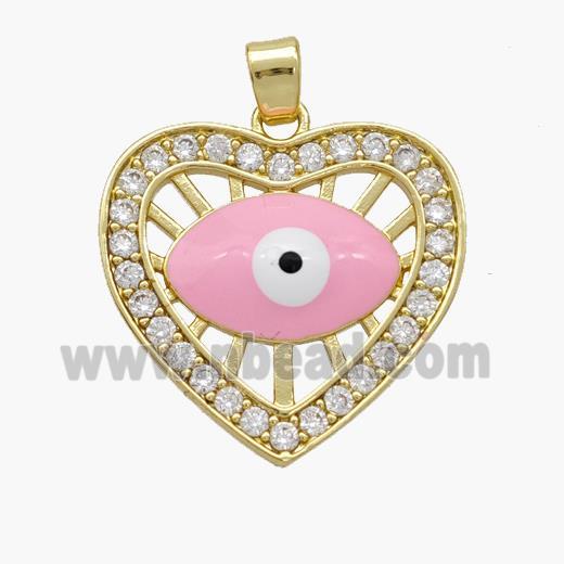 Copper Heart Pendant Pave Zirconia Evil Eye Pink Enamel Gold Plated