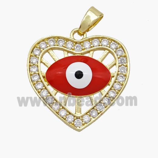 Copper Heart Pendant Pave Zirconia Evil Eye Red Enamel Gold Plated