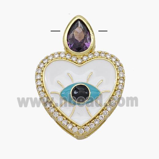 Copper Heart Pendant Pave Zirconia Evil Eye White Enamel Gold Plated