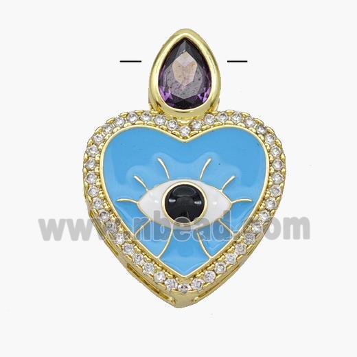 Copper Heart Pendant Pave Zirconia Evil Eye Blue Enamel Gold Plated