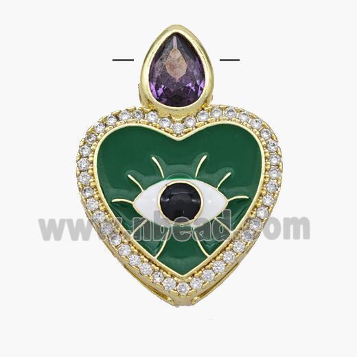 Copper Heart Pendant Pave Zirconia Evil Eye Green Enamel Gold Plated