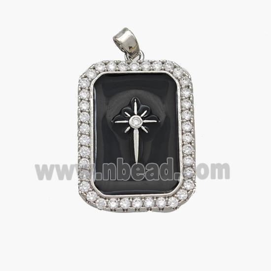 Copper Rectangle Pendant Pave Zirconia Black Enamel Northstar Platinum Plated