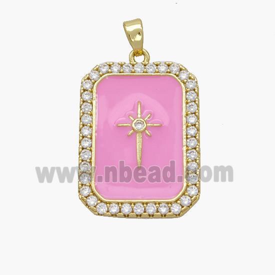 Copper Rectangle Pendant Pave Zirconia Pink Enamel Northstar Gold Plated