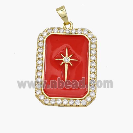 Copper Rectangle Pendant Pave Zirconia Red Enamel Northstar Gold Plated