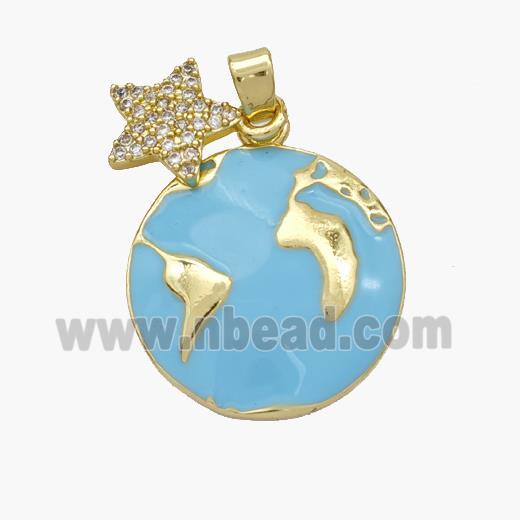 Copper Earth Pendant Teal Enamel Star Pave Zirconia Gold Plated