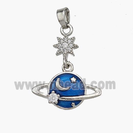 Copper Planet Pendant Blue Painted Star Pave Zirconia Platinum Plated