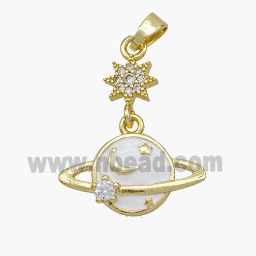 Copper Planet Pendant White Enamel Star Pave Zirconia Gold Plated