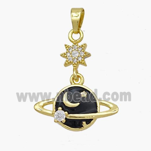 Copper Planet Pendant Black Enamel Star Pave Zirconia Gold Plated