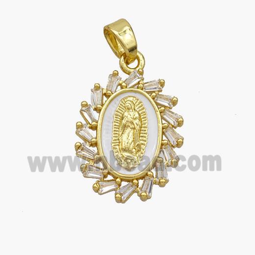 Virgin Mary Charms Copper Pendant Pave Zirconia White Enamel Gold Plated