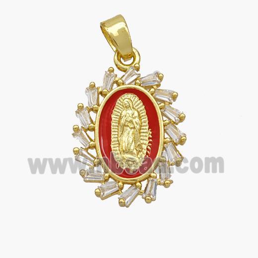 Virgin Mary Charms Copper Pendant Pave Zirconia Red Enamel Gold Plated