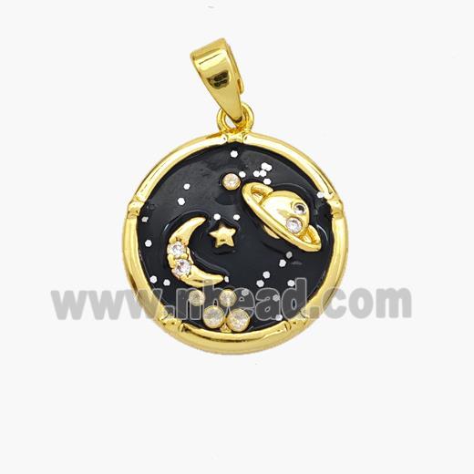 Copper Planet Pendant Black Enamel Moonstone Gold Plated