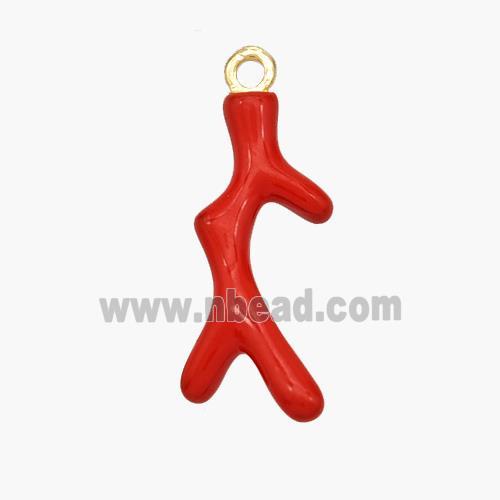 Copper Pendant Coral Branch Red Enamel Gold Plated