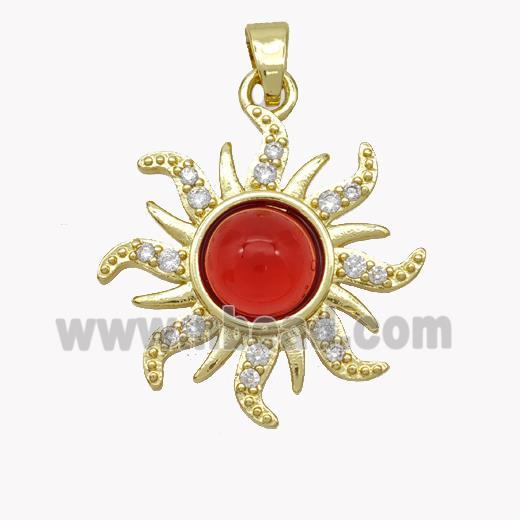 Copper Sun Pendant Pave Zirconia Red Jade Gold Plated