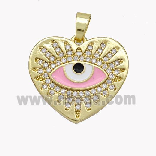 Copper Heart Pendant Pave Zirconia Pink Enamel Evil Eye Gold Plated