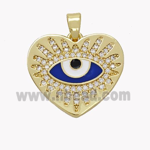 Copper Heart Pendant Pave Zirconia Blue Enamel Evil Eye Gold Plated