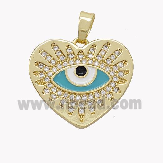 Copper Heart Pendant Pave Zirconia Teal Enamel Evil Eye Gold Plated