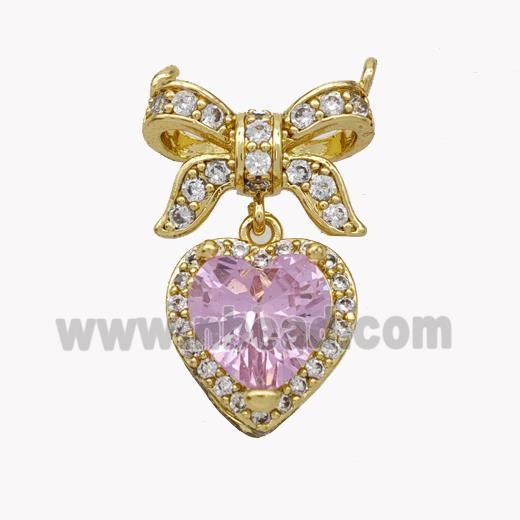 Copper Bow Heart Pendant Pave Crystal Glass Zirconia 2loops Gold Plated