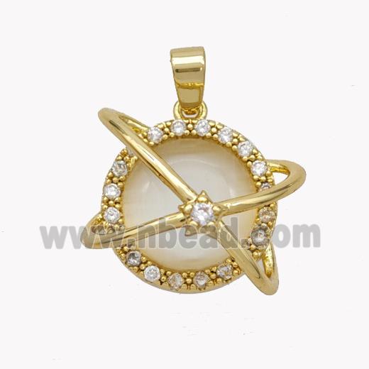 Copper Planet Pendant Pave Cateye Glass Zirconia Gold Plated