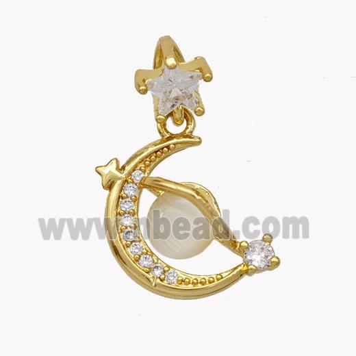 Copper Moon Pendant Pave Cateye Glass Zirconia Gold Plated