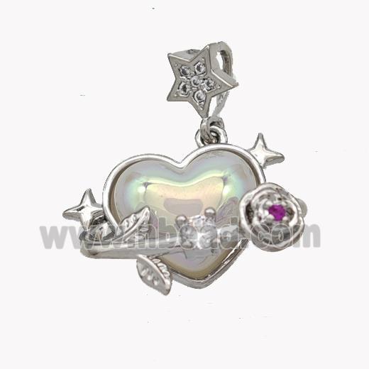 Copper Heart Pendant Pave Pearlized Acrylic Flower Platinum Plated