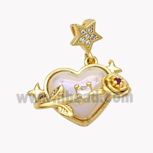 Copper Heart Pendant Pave Pearlized Acrylic Flower Gold Plated