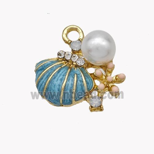 Copper Conch Pendant Pave Pearlized Resin Blue Painted Gold Plated