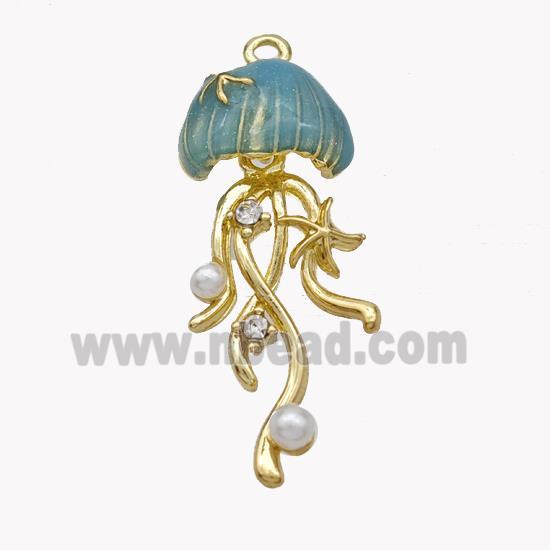 Copper Jellyfish Pendant Pave Pearlized Resin Blue Painted Gold Plated