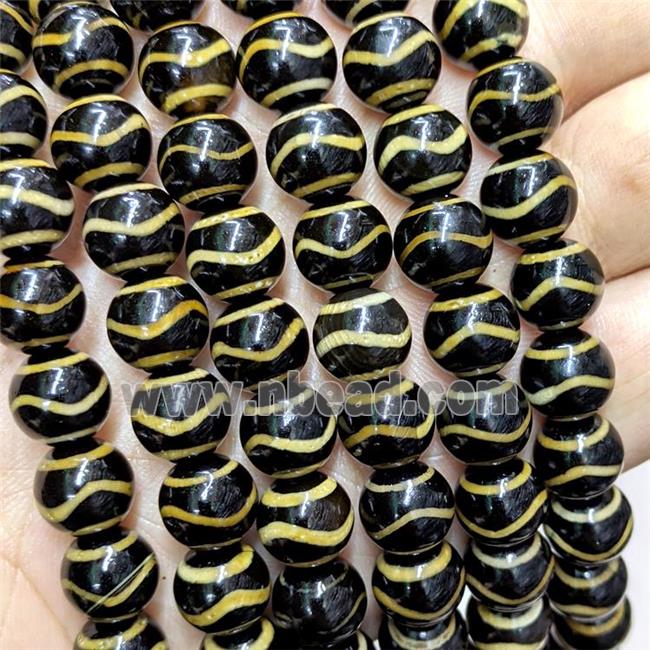 Tibetan Agate Beads Black Round Wave