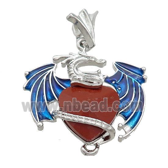 Alloy Dragon Pendant Pave Red Jasper Heart Blue Enamel Platinum Plated