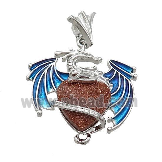 Alloy Dragon Pendant Pave Golden Sandstone Heart Blue Enamel Platinum Plated