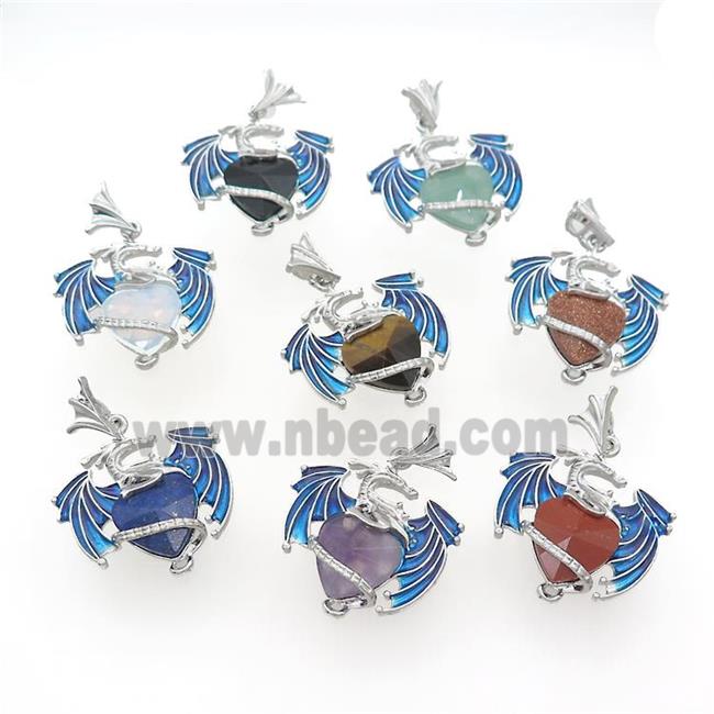 Alloy Dragon Pendant Pave Gemstone Heart Blue Enamel Platinum Plated Mixed