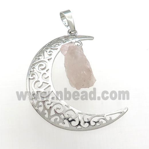 Copper Moon Pendant With Rose Quartz Platinum Plated