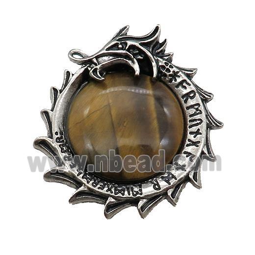 Alloy Dragon Charms Pendant Pave Tiger Eye Stone Antique Silver