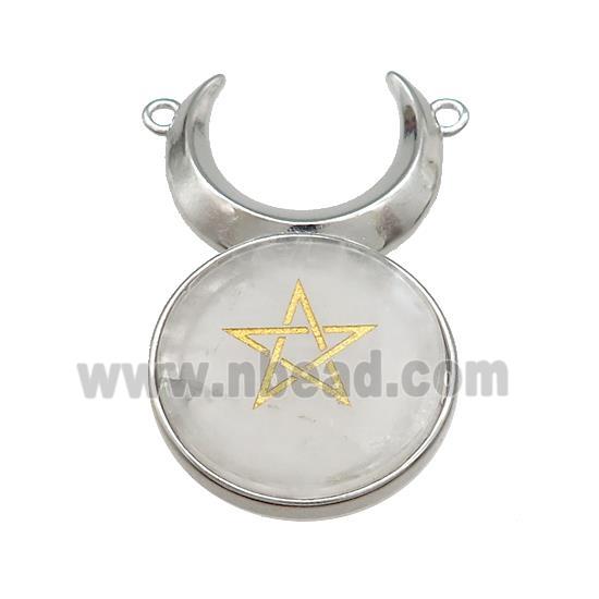 Clear Quartz Star Symbols Alloy Moon Pendant Platinum Plated