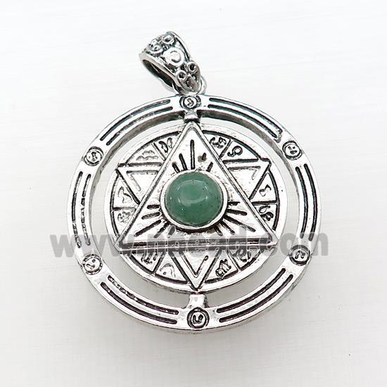 Zinc Alloy David Star Pendant Pave Green Aventurine Circle Antique Silver