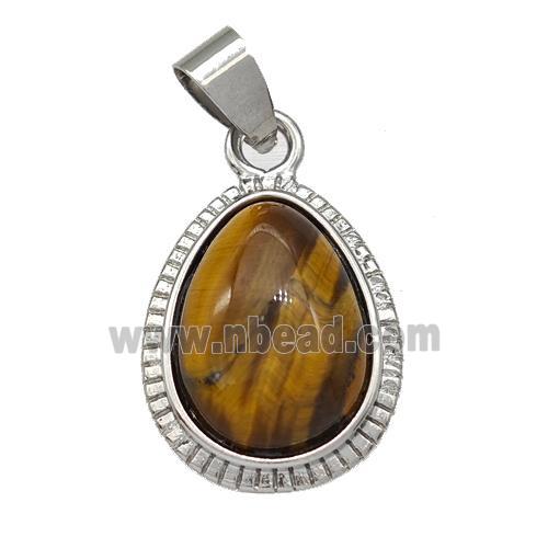 Natural Tiger Eye Stone Teardrop Pendant Platinum Plated