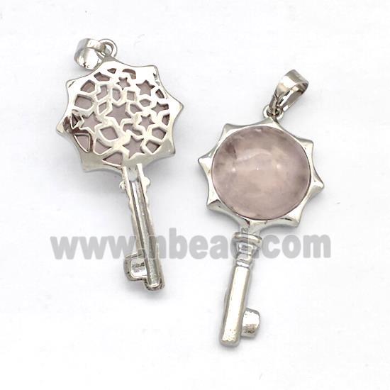 Alloy Key Charms Pendant Pave Rose Quartz Platinum Plated