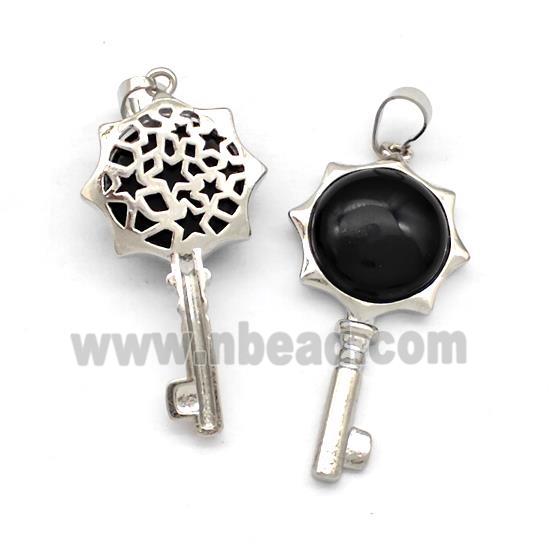 Alloy Key Charms Pendant Pave Black Obsidian Platinum Plated