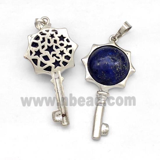 Alloy Key Charms Pendant Pave Blue Lapis Platinum Plated