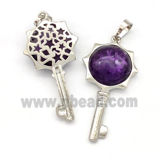 Alloy Key Charms Pendant Pave Purple Amethyst Platinum Plated