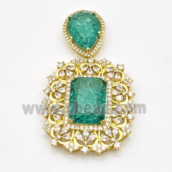 Copper Pendant Pave Zirconia Green Acrylic Gold Plated