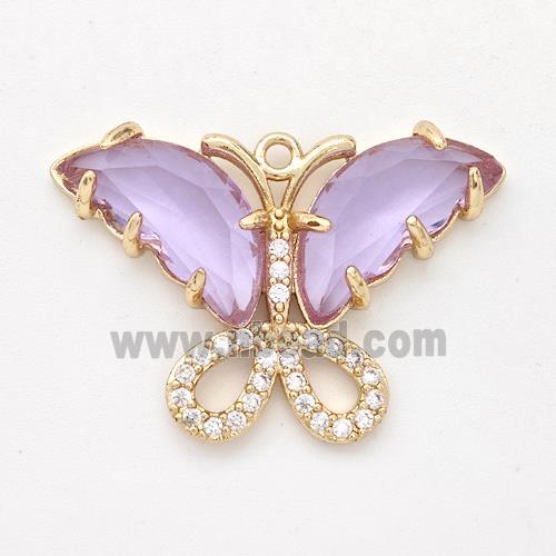 Purple Crystal Glass Copper Butterfly Pendant Pave Zirconia Gold Plated