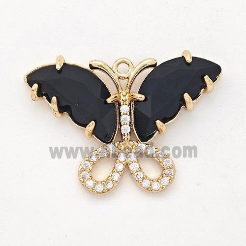 Black Crystal Glass Copper Butterfly Pendant Pave Zirconia Gold Plated